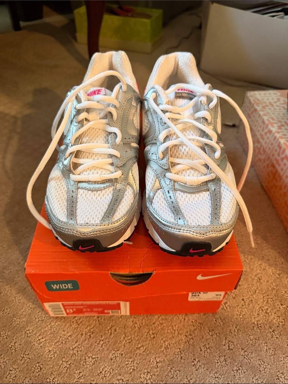 Nike Kids White Silver Sneakers with Pink Swoosh